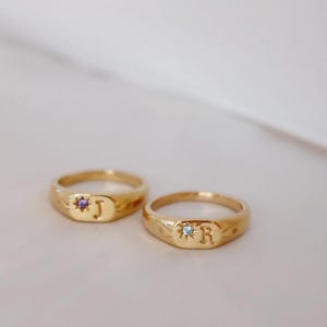 May include: Two gold signet rings with a starburst design. One ring has a purple gemstone and the letter "J", the other has a blue gemstone and the letter "R". The rings are on a light-coloured surface.