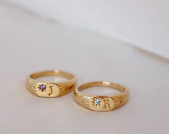 Dainty Birthstone Initial Signet Ring: Sterling Silver or Gold Vermeil