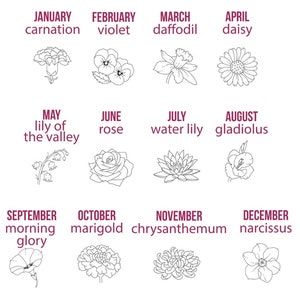 Op de afbeelding: Een grafiek die de geboortemaandbloemen laat zien, met de naam van de bloem en de maand boven elke bloemillustratie. De bloemen zijn in zwart-wit getekend.