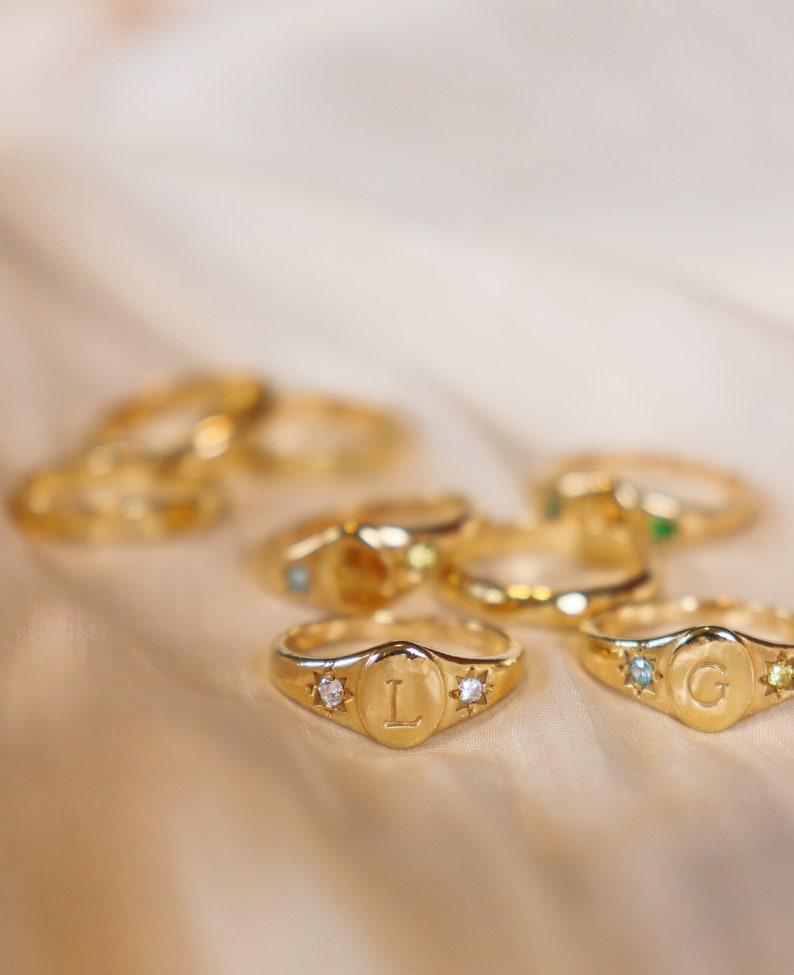 Birthstones signet initial ring, signet ring, initial ring, birthstone ring, gemstone ring, gold ring, dainty ring image 9