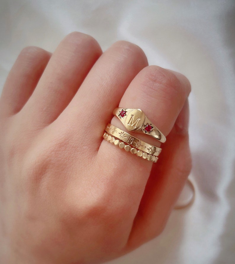 Birthstones signet initial ring, signet ring, initial ring, birthstone ring, gemstone ring, gold ring, dainty ring image 2