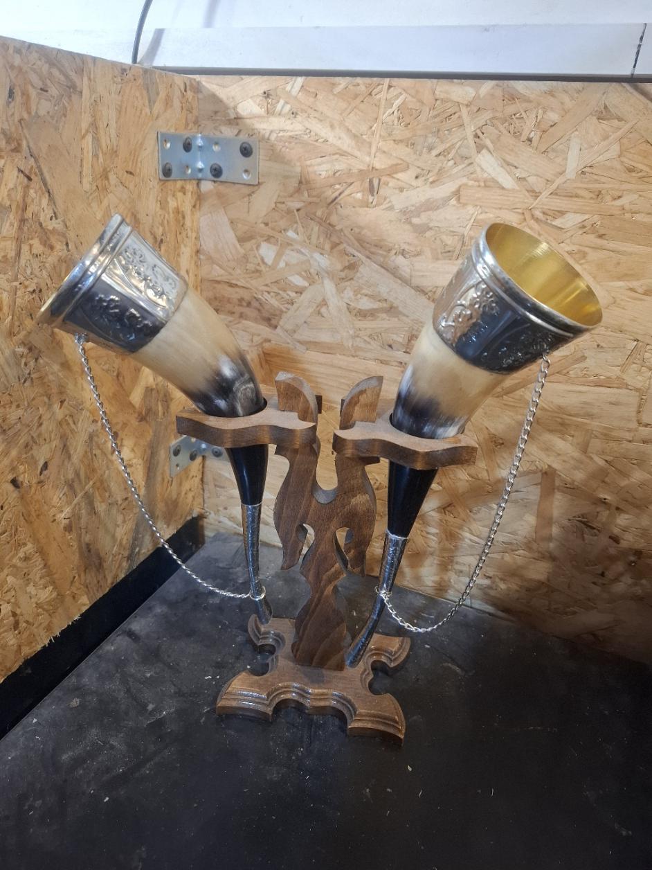 Georgian Traditional Handmade Drinking Wine Horn With Wood Stand