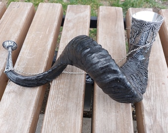 Handmade drinking wine horn. Handmade Horn.  Black Ram Horn. (cupronickel)