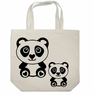May include: A white tote bag with a black and white illustration of two pandas. The larger panda has a heart-shaped nose and the smaller panda is sitting below it.