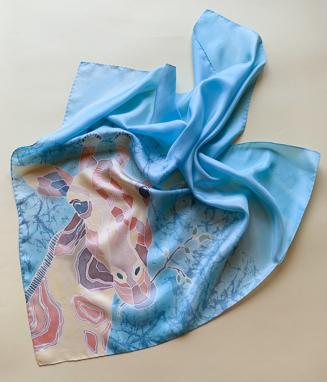 Silk scarf The giraffe hand painted scarf blue beige scarf Etsy