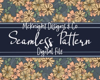 Elegant Floral Print Hand Drawn Flowers Seamless Pattern Instant Download Digital Papers Printed Vinyl Fabric Surface Design Dusty Blue PNG