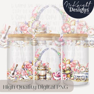 Country Coastal Western Girly Chic Design Digital File 16oz Glass Can Wrap 300 DPI PNG UVDTF Sublimation Printed Vinyl Cowboy boots Pink