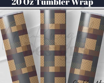 Patchwork Quilt 20 oz Skinny Tumbler Wrap PNG, Hand Drawn Sublimation, Rustic Quilt Seamless Pattern, Fabric Style Printed Vinyl Cup Art
