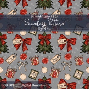 May include: Seamless Christmas pattern with red bows, ornaments, gift boxes, and Christmas trees on a gray background. Includes tags that say "Merry Christmas" and "Christmas Delivery". The text "Mcknight Designs & Co Seamless Pattern Digital File" is also present.