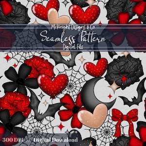 Op de afbeelding: Naadloos patroonontwerp met rode harten, zwarte rozen, vleermuizen, strikken en spinnenwebben op een lichtgrijze achtergrond. Het ontwerp bevat de tekst "McKnight Designs & Co Seamless Pattern Digital File" en "300 DPI Digital Download".