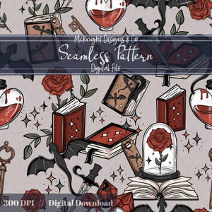 Könnte beinhalten: Nahtloses Muster mit gotischen Elementen wie Büchern, Rosen, Fledermäusen und Zaubertränken. Das Design enthält den Text "McKnight Designs & Co Seamless Pattern Digital File" auf einem hellgrauen Hintergrund mit Sternen.
