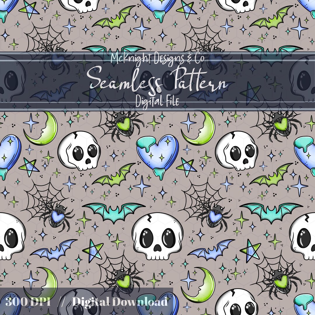 Pastel Halloween Seamless Pattern | Cute Spooky Skulls Bats Spiderwebs ...