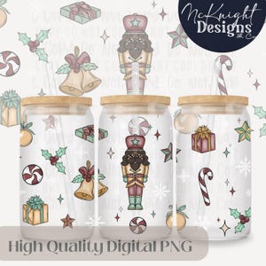 May include: Three glass tumblers with wooden lids and straws, decorated with Christmas-themed illustrations. Designs include a nutcracker, gifts, candy canes, and holly. The text "High Quality Digital PNG" is at the bottom.
