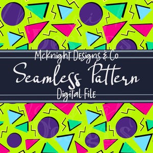 May include: A seamless pattern featuring geometric shapes in bright colors, including pink, blue, green, and purple, on a lime green background. The text "McKnight Designs & Co Seamless Pattern Digital File" is displayed on a dark blue banner.
