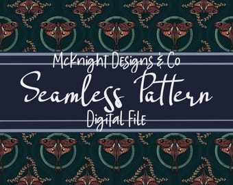 Boho Vibe Moth Witchy Hand Drawn Seamless Pattern PNG Download Digital Paper Vinyl Fabric Surface Design Sublimation Forest Green Diamond