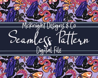 May include: A seamless pattern featuring a purple background with orange snakes, butterflies, moons, crystals, and stars. The text "McKnight Designs & Co Seamless Pattern Digital File" is at the top of the image.