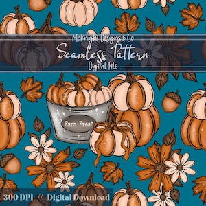 May include: Seamless digital pattern featuring pumpkins, fall leaves, and flowers in shades of orange, cream, and brown on a teal background. The design includes the text "Farm Fresh" and "Seamless Pattern".