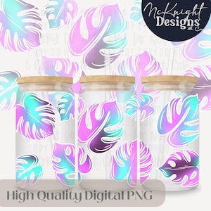 Plant Lover Monstera Leaf Girly Colorful Design Digital File 16oz Glass Can Wrap Hand Drawn 300 DPI PNG UVDTF Sublimation Printed Vinyl Mom