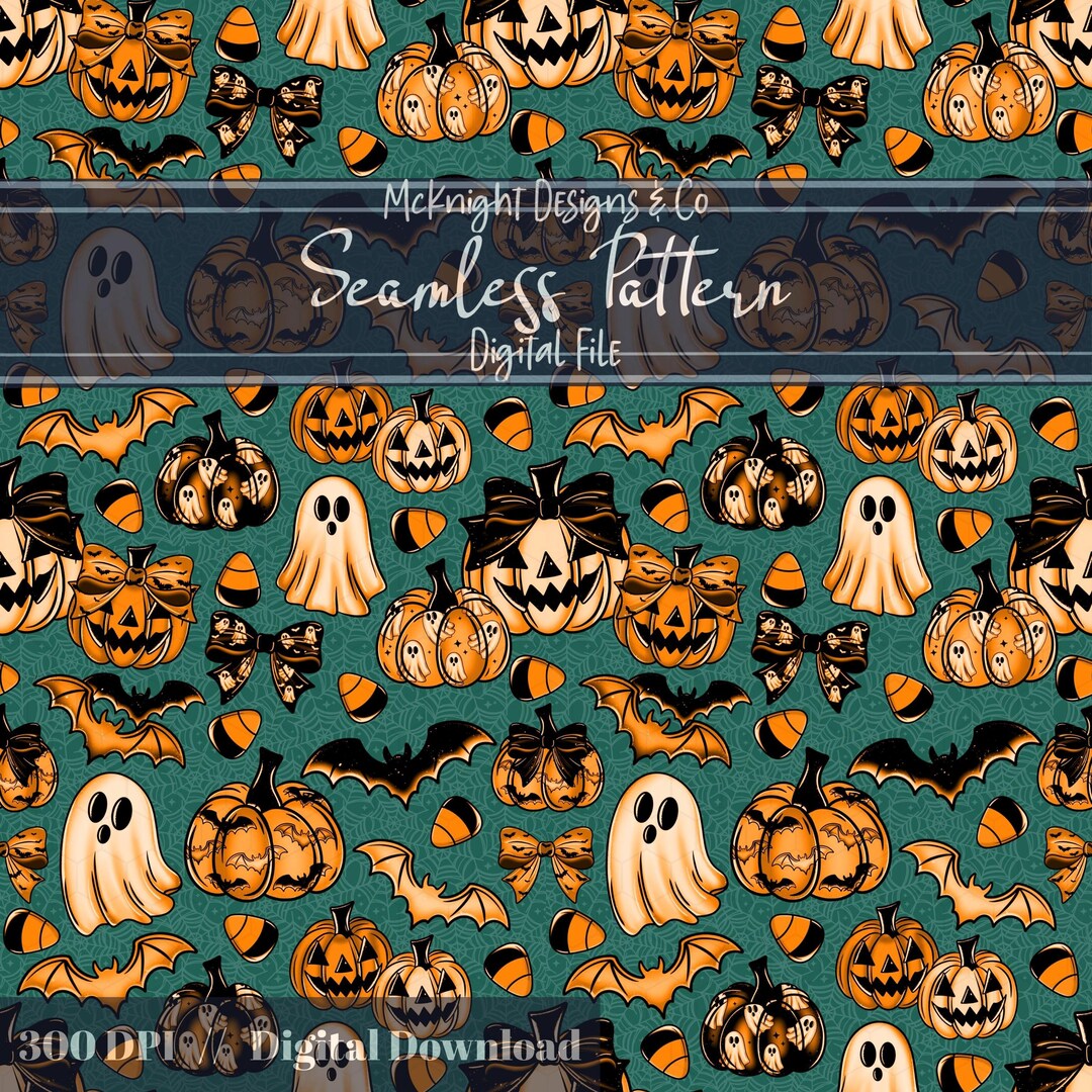 Coquette Halloween Seamless Pattern PNG | Cute Ghosts, Candy Corn ...