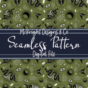 Witchy Vibes Snake Moth Seamless Pattern Dark Olive Green Third Eye Mystical Vibe Digital Paper Vinyl Fabric Surface Print Sublimation PNG