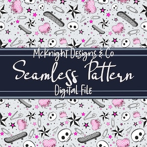 Ouderling Emo Schedels en skateboard Naadloos patroon Lichtgrijze sterren Druipend hart Veiligheidsspeld Digitaal papierpatroon Vinyl Stof Oppervlakteafdruk
