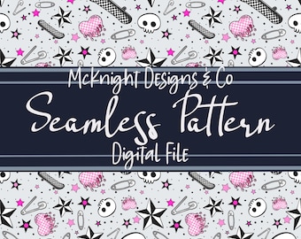 Elder Emo Skulls & Skateboard Seamless Pattern Light Gray Stars Dripping Heart Safety Pin Digital Paper Patterned Vinyl Fabric Surface Print
