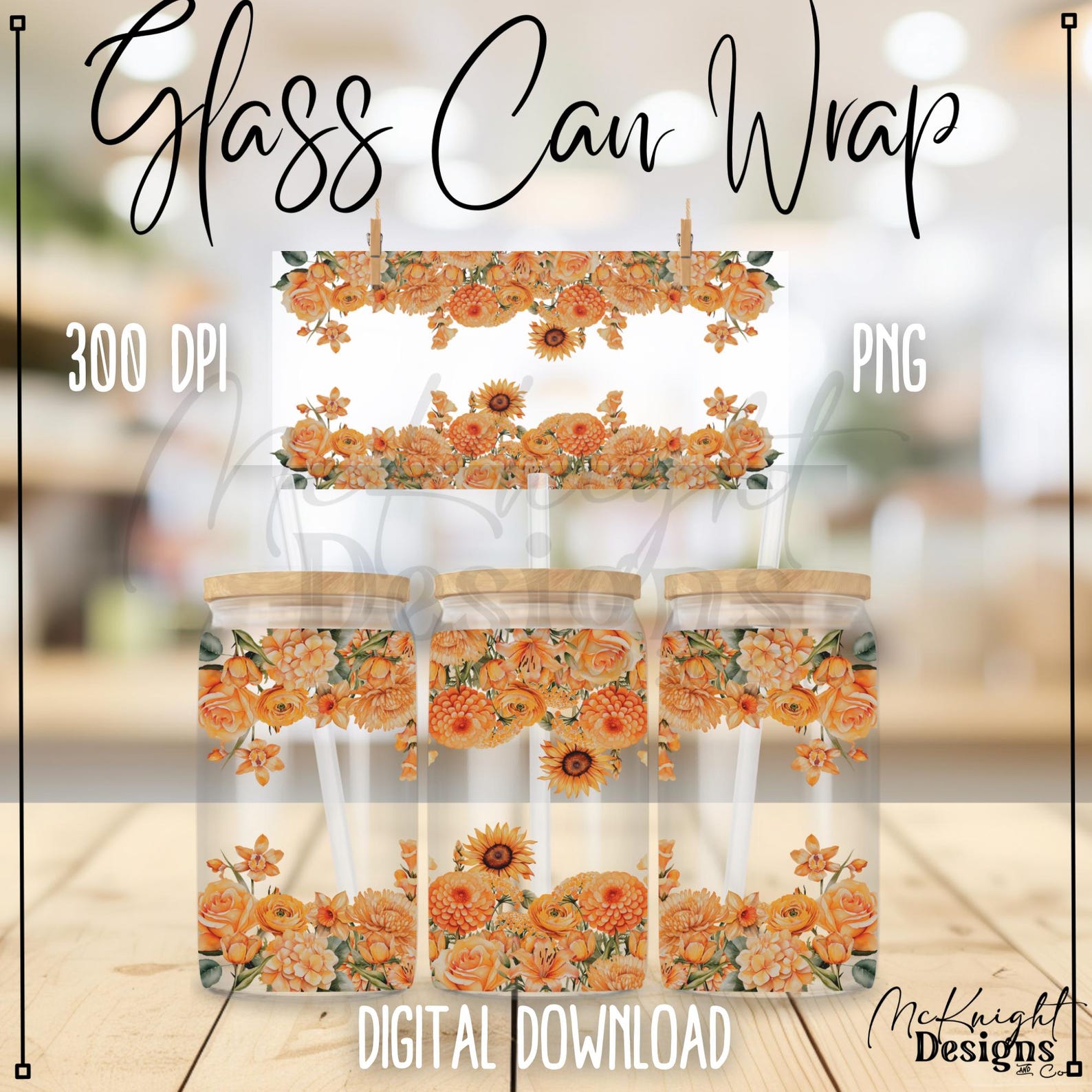 Boho Flower Floral Print Border Design Digital File 16oz Glass Can Wrap ...