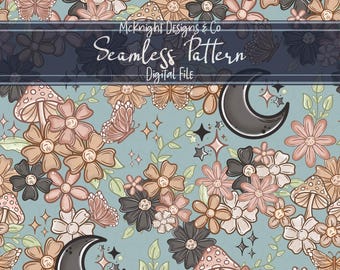 Girly Cottagecore Nahtloses Muster PNG | Mond Pilz Blumen Boho Digitales Papier | Wunderliche Natur-Wiederholungs-Sublimations-Vinyl-Gewebe-Design
