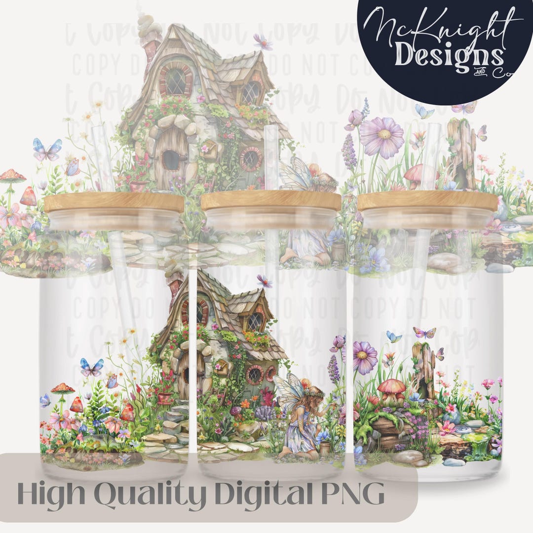Butterfly Floral Spring Fairy Garden House Digital File 16oz Glass Can ...