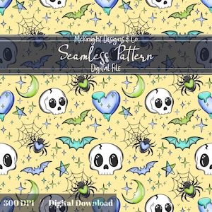 Pastel Halloween Seamless Pattern | Cute Kawaii Spooky Skulls Bats Spiderwebs Stars Digital Paper PNG, Sublimation Fabric Surface Print Punk