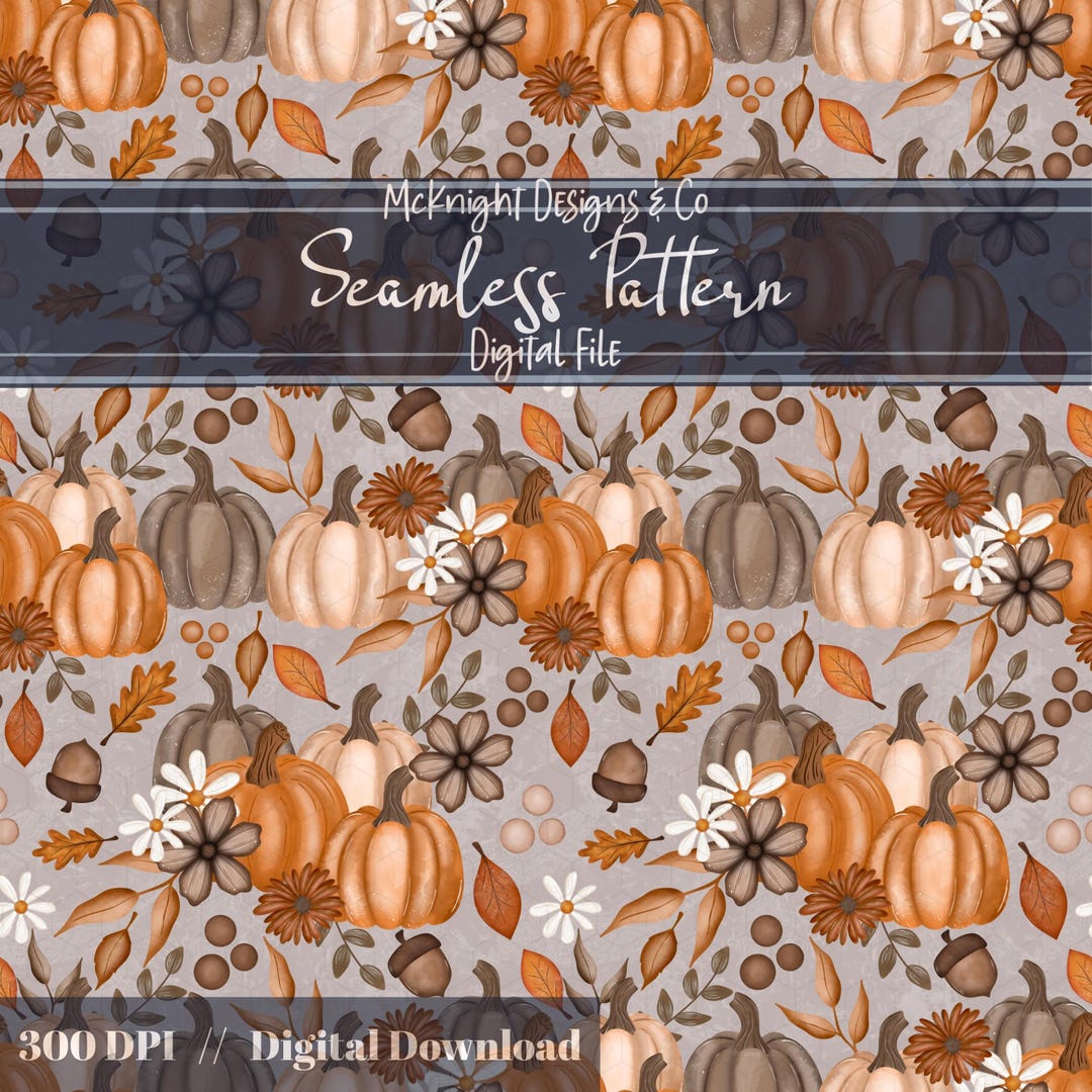 Seamless Pumpkin Fall Pattern Digital Paper PNG Autumn Leaves Acorns ...