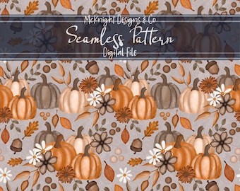 Nahtlose Kürbis Herbst Muster Digitales Papier PNG Herbst Blätter Eicheln Blumendruck für Stoff Vinyl Scrapbook Sublimation Design Datei