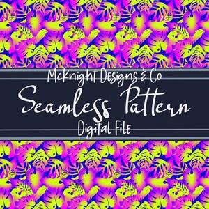 Peut inclure: Un motif sans couture représentant des feuilles tropicales rose vif et jaunes sur un fond bleu foncé. Le texte "McKnight Designs & Co Seamless Pattern Digital File" est affiché sur une bannière noire.