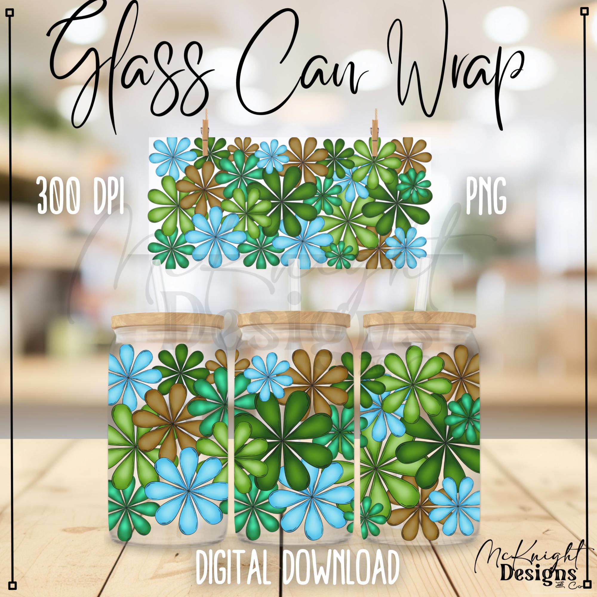Green Floral Daisy Flowers Design Digital File 16oz Glass Can Wrap Hand ...