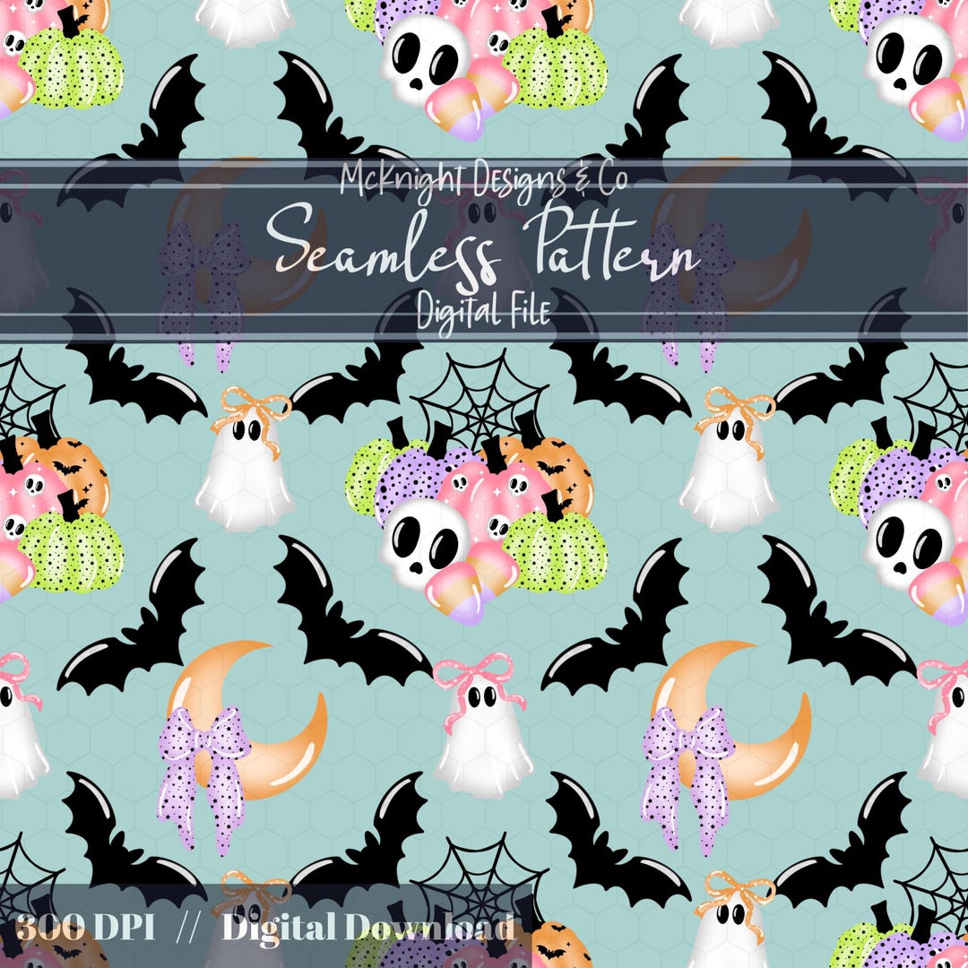 Spooky Pastel Halloween Seamless Pattern PNG | Ghosts Bats Skulls ...