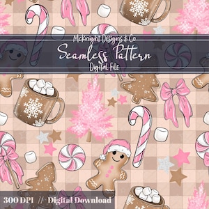 May include: A digital seamless pattern featuring Christmas-themed illustrations. The design includes gingerbread men, candy canes, pink bows, hot cocoa mugs, and Christmas trees on a plaid background. The text "McKnight Designs & Co Seamless Pattern Digital File" is also present.