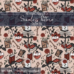 May include: Seamless pattern featuring gothic elements like books, keys, roses, potion bottles, and bats. The design includes the text "McKnight Designs & Co Seamless Pattern Digital File" and "300 DPI Digital Download" on a beige background.