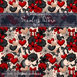 May include: Seamless pattern design featuring red, black, and tan elements. The design includes heart-shaped balloons, bows, flowers, spiderwebs, bats, and crescent moons. The text "McKnight Designs & Co Seamless Pattern Digital File" is displayed.