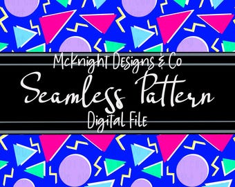90s Shapes Seamless Pattern PNG – Retro Memphis Design Geometric Neon Triangles, Circles, Fabric Printing, Vinyl, Sublimation Surface Design