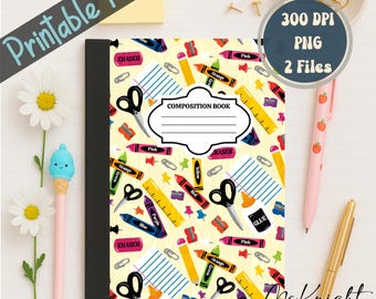 Portada de cuaderno de composición imprimible PNG, útiles escolares coloridos / Pegatinas DIY para el regreso a clases para niños, diseño frontal y posterior para decoración de libros