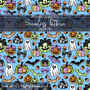 May include: A seamless Halloween pattern on a light blue background. The design features pumpkins, bats, ghosts, bows, and candy corn. The text "McKnight Designs & Co Seamless Pattern Digital File" is visible.
