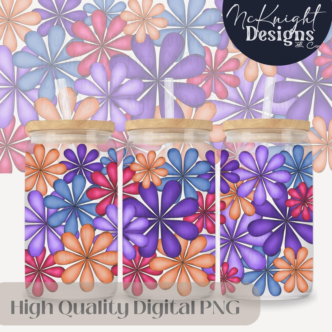 Floral Girly Flowers Design Digital File 16oz Glass Can Wrap Hand Drawn ...