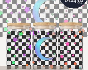 Retro Checkered Stars Moon Digital File 16oz Glass Can Wrap 300 DPI PNG UVDTF Sublimation Printed Vinyl Hand Drawn Wrap Neon Space Tumbler