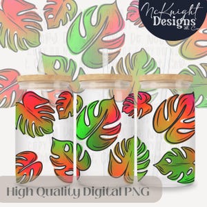 Summer Tropical Monstera Leaf Design Digital File 16oz Glass Can Wrap Hand Drawn 300 DPI PNG UVDTF Sublimation Printed Vinyl Plant Lover Mom