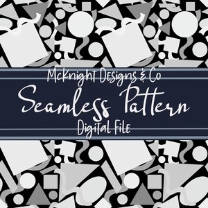 Könnte beinhalten: Nahtloses Musterdesign mit geometrischen Formen in Grau- und Weißtönen auf schwarzem Hintergrund. Das Design umfasst Quadrate, Kreise, Dreiecke und bandartige Elemente. Der Text "McKnight Designs & Co Seamless Pattern Digital File" wird angezeigt.