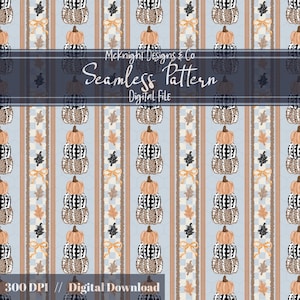 May include: A seamless pattern featuring stacked pumpkins with plaid and polka dot designs, alternating with fall leaves and bows on a light blue background. The text "McKnight Designs & Co Seamless Pattern Digital File" is displayed across the center.