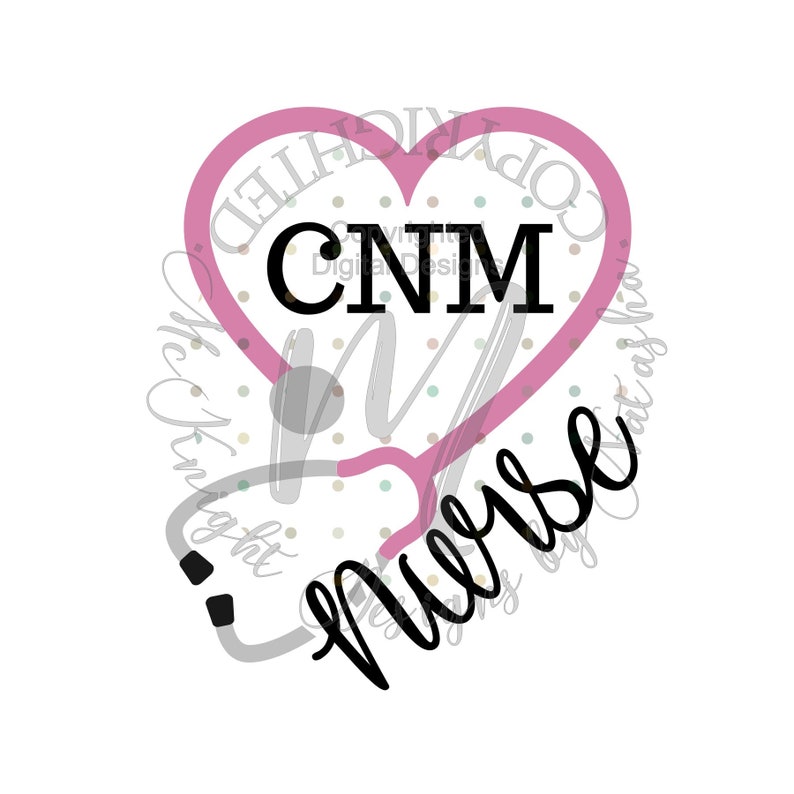 Op de afbeelding: Een roze hart met een stethoscoop eromheen gewikkeld. Het hart bevat de letters "CNM". De tekst "Verpleegkundige" staat in een cursief schrift onder het hart.