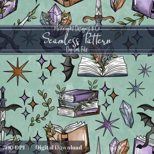 Könnte beinhalten: Nahtloses Musterdesign mit Fantasy-Elementen wie Kristallen, Schwertern, Büchern und Fledermäusen, mit dem Text "McKnight Designs & Co Seamless Pattern Digital File". Der Hintergrund ist helltürkis, mit verschiedenen Sternformen.