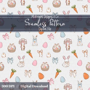 Op de afbeelding: Naadloos Paaspatroon met konijntjes, wortels, paaseieren, strikken en manden. Het ontwerp bevat de tekst "McKnight Designs & Co Seamless Pattern Digital File" en "300 DPI // Digital Download".
