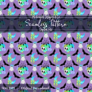 Könnte beinhalten: Nahtloses Muster mit Halloween-Illustrationen. Das Design zeigt sich wiederholende Bilder von Fledermäusen, Geistern, Monden und Totenköpfen auf lila Hintergrund. Der Text "McKnight Designs & Co Seamless Pattern Digital File" ist enthalten.